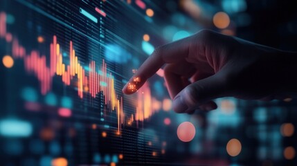 Fototapete - Hand interacts with financial data on screen.
