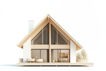 Poster - Modern wooden A-frame house, white walls, large windows, deck.