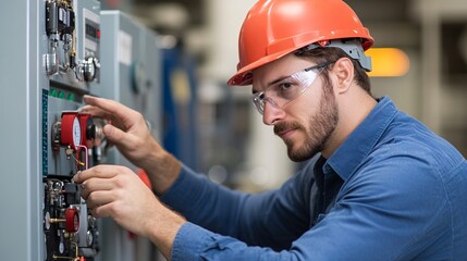 Poster - A focused worker in a hard hat adjusts machinery controls, ensuring safety and efficiency in a technical environment.