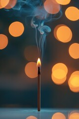 Poster - Burning matchstick with smoke, bokeh lights backdrop.