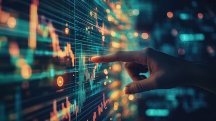 Fototapete - Hand interacting with digital stock chart.