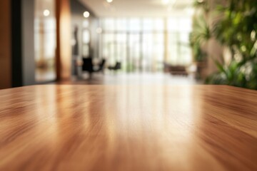 Poster - Blurred view of office interior with wood table foreground.