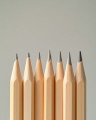 Poster - Seven wooden pencils arranged in a row with sharpened tips on light grey background.