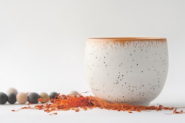 Poster - White speckled cup with orange threads and wooden beads on white background.