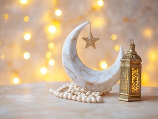 Aufkleber - Crescent moon, star, beads, and lantern on a table with bokeh background.