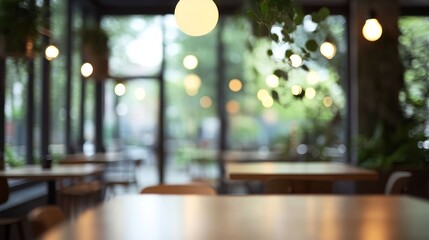 Fototapete - Blurred indoor cafe with wooden tables and hanging lights.