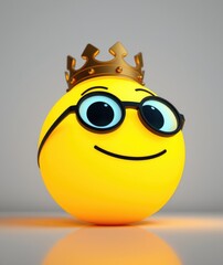 Wall Mural - A cheerful yellow smiley face sports a shiny golden crown and stylish glasses, exuding a whimsical charm that brings joy to any setting