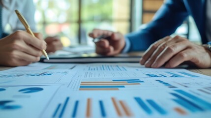 Poster - People analyzing data charts with pens on a table.