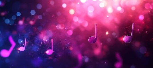 Fototapete - Music notes float amidst bokeh in pink and blue.