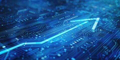 Digital Arrow. Arrow Shaped Microchip Board Moving on Blue Background, Technology and Connection Concept