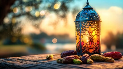 Aufkleber - Ornate lantern and dates on wood with sunset background.