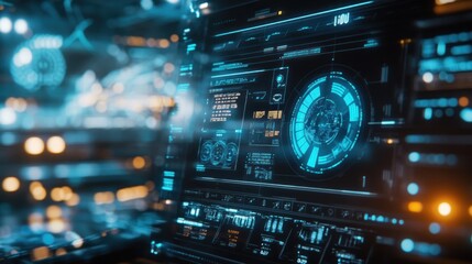 Aufkleber - Futuristic console with glowing digital interface and various data displays.
