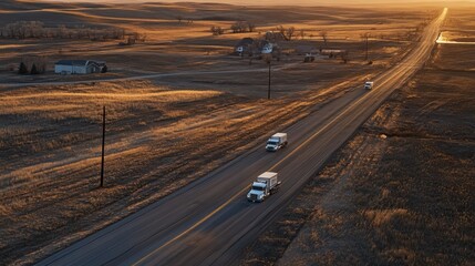 Aufkleber - Trucks drive on a road during sunset.
