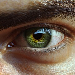 Wall Mural - Close-up of a green eye with reflective detail and textured eyebrow