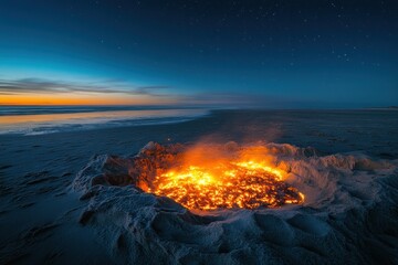 Aufkleber - Fiery pit burns on a sandy beach at night with stars above.