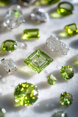 Aufkleber - Assortment of peridot gems and diamonds on a white surface, jewelry.