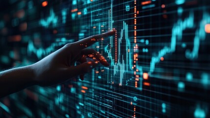 Fototapete - Hand touches digital stock graph chart data on screen.