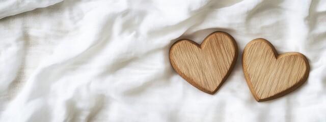 Aufkleber - Two wooden hearts on wrinkled white fabric.