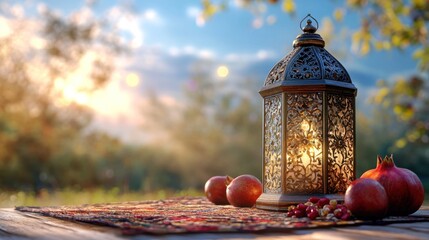 Aufkleber - Ornate lantern with fruits on outdoor table at sunset.