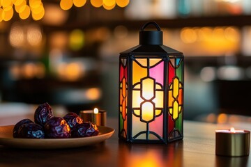 Aufkleber - Colorful lantern, dates, and candles on table.