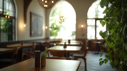 Poster - Interior cafe with plants, arch windows, tables, light fixtures, blurred background.