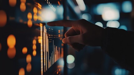 Fototapete - Hand interacts with glowing data display with bokeh.