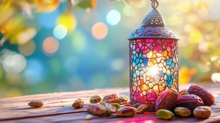 Aufkleber - Stained glass lantern with dates and pistachios on wooden surface.