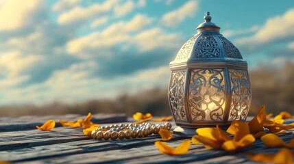 Aufkleber - Ornate lantern with beads and petals on wood table outdoors.