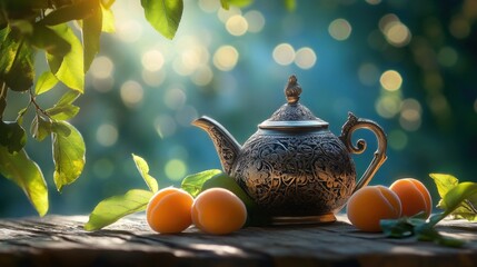 Aufkleber - Ornate teapot with ripe apricots on a wood table, leafy bokeh background.