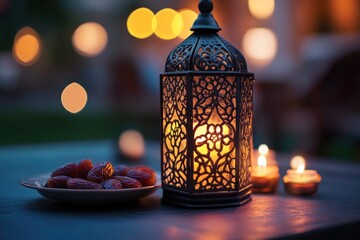 Aufkleber - Ramadan lantern, dates, and candles on a table with blurred background.