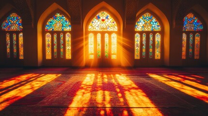 Poster - Ornate arches with stained glass windows and sunlight in room.
