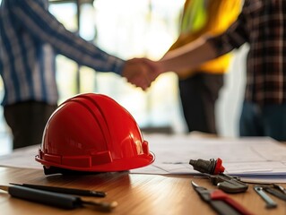 Aufkleber - Construction handshake over plans, hardhat foreground.