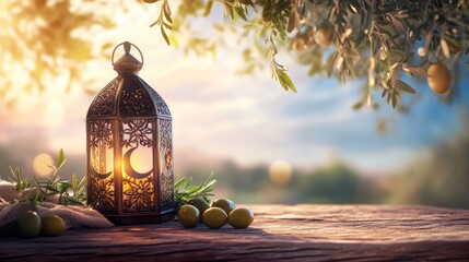 Aufkleber - Glowing lantern on wood table with olives, olive tree background.