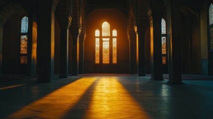 Poster - Light shines through stained glass window in a columned interior.