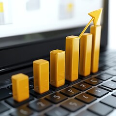 Aufkleber - 3D bar graph showing upward trend on laptop keyboard.