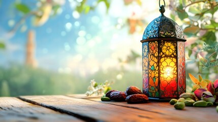 Aufkleber - Ramadan lantern with dates and pistachios on a wooden table in a natural setting.