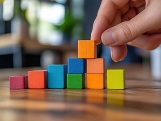 Poster - Hand placing orange block on stacked colorful cubes.