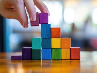 Aufkleber - Hand stacks colorful wooden blocks into a pyramid on wooden table.