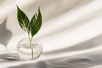 Poster - Two leaves in clear water vase, light shadows.