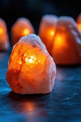Poster - Glowing salt lamps on a dark surface, close-up.