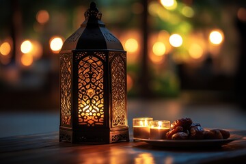 Poster - Lit lantern, dates, and candles create warm, festive atmosphere on wooden table.