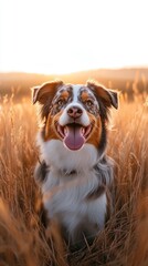 Aufkleber - Smiling dog sitting in field during golden hour.