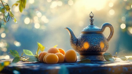 Aufkleber - Ornate teapot and apricots, dappled sunlight.
