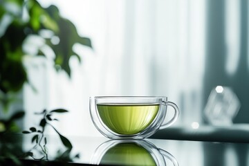 Poster - Green tea in glass cup, soft background.