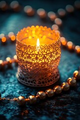Fototapete - Candle with gold beads on dark surface.