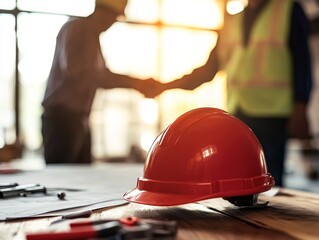 Aufkleber - Red hard hat, workers shake hands in blurred background.