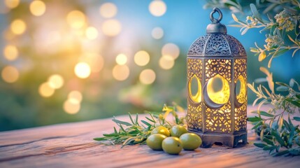 Poster - Ornate lantern with olives on wooden table, bokeh lights.
