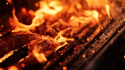 Poster - Sausages on flaming grill, fire and sparks.