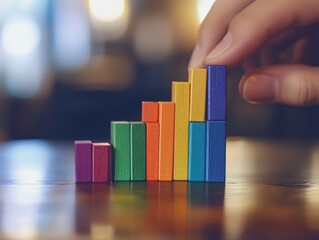 Leinwandbilder - Hand arranging colorful blocks into bar graph on wood table.