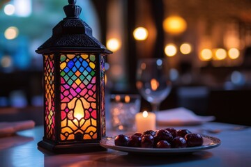 Aufkleber - Lantern, dates, and candle, soft, warm light on a table.